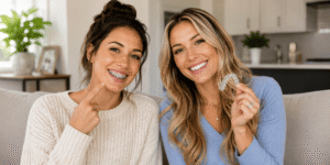 Women comparing Invisalign clear aligners and traditional braces for teeth straightening