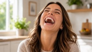Woman tossing her head back showing her silver fillings