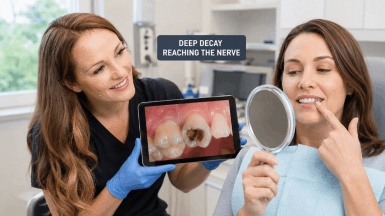 Deep tooth decay reaching the nerve and causing dark discoloration