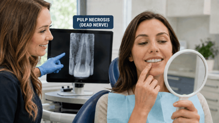Pulp necrosis causing a tooth to darken due to a dead nerve
