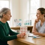 An older woman holding a denture appliance talks with a female dentist sitting