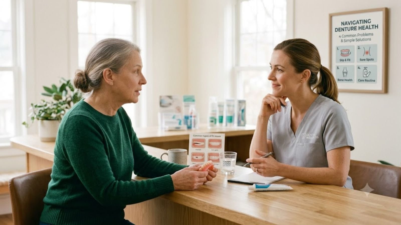 An older woman holding a denture appliance talks with a female dentist sitting
