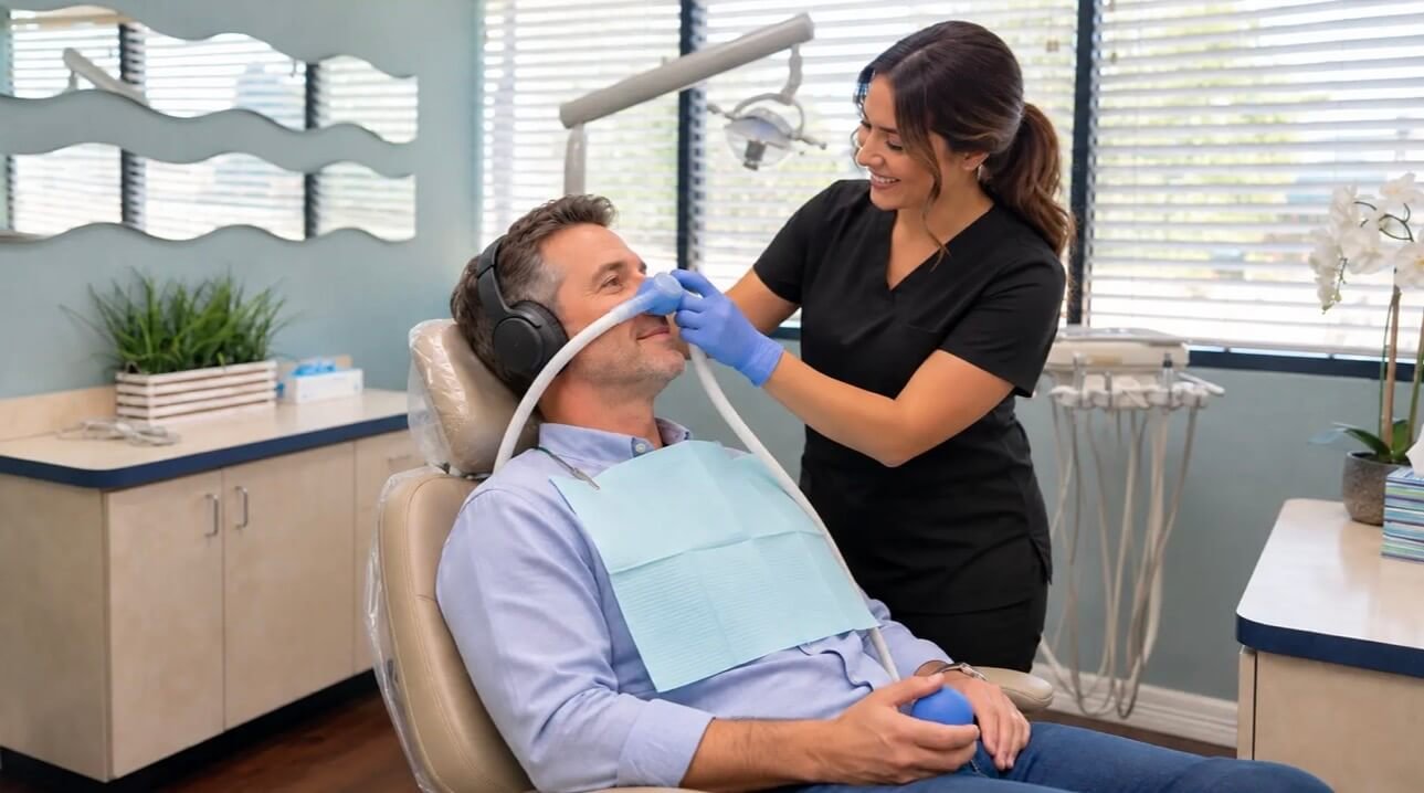 Assistant placing nitrous for a patients comfort | All Smiles Dentistry & Orthodontics | Allen, TX