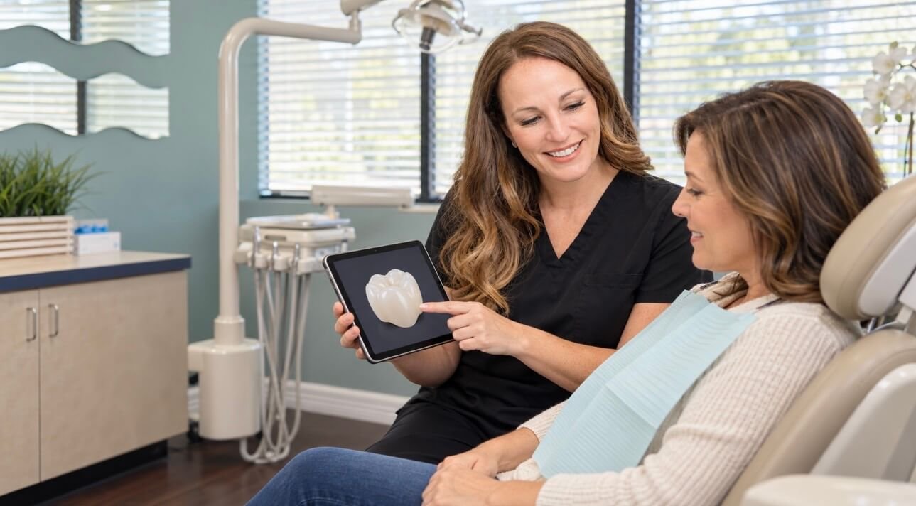 Dentist Explaining dental Crown procedure at All Smiles Dentistry & Orthodontics | Allen, TX