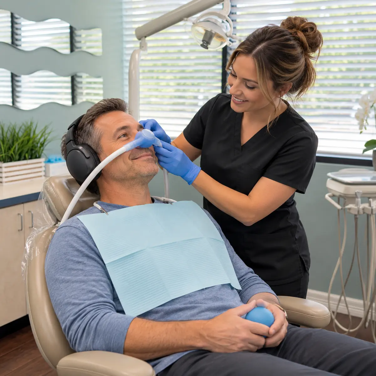 Relaxed dental patient uses headphones and a stress ball as an assistant places nitrous oxide at the dentist in Allen, TX.
