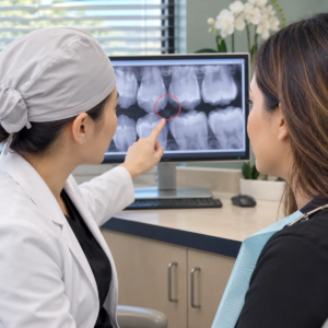 Dentist points to early decay between teeth on a bitewing dental X-ray.