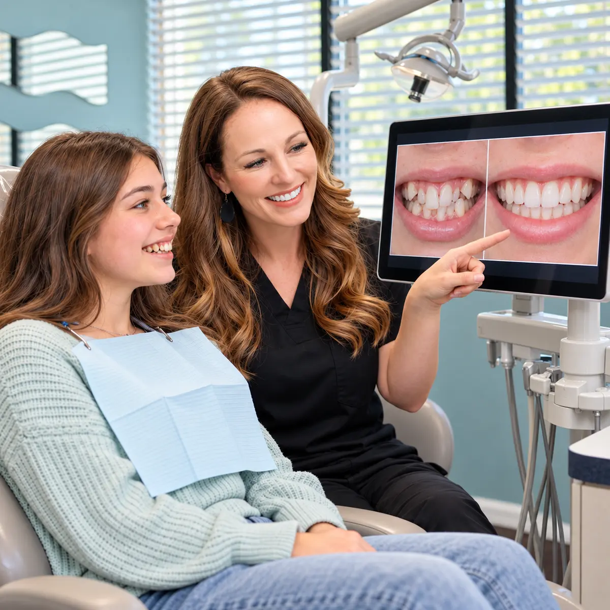 Dr. Mentesana shows a teen patient how crowded teeth can be aligned with FASTBRACES at All Smiles Dentistry, a family dentist in Allen, TX.