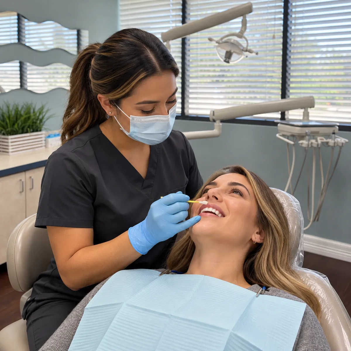 Dental assistant applies fluoride varnish to a patient’s teeth in the All Smiles Dentistry operatory.