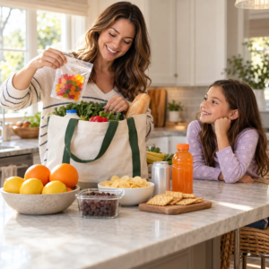 Mom unpacks gummy candy, citrus, sugary drinks, chips, crackers and dried fruit while her child watches