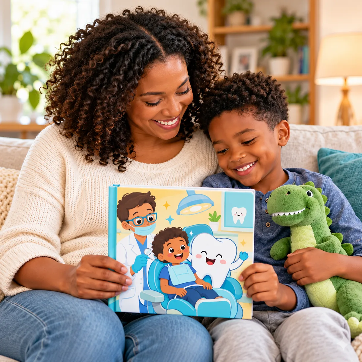 Child looks at a colorful dental-visit picture-book cover with a parent while holding a plush dinosaur.