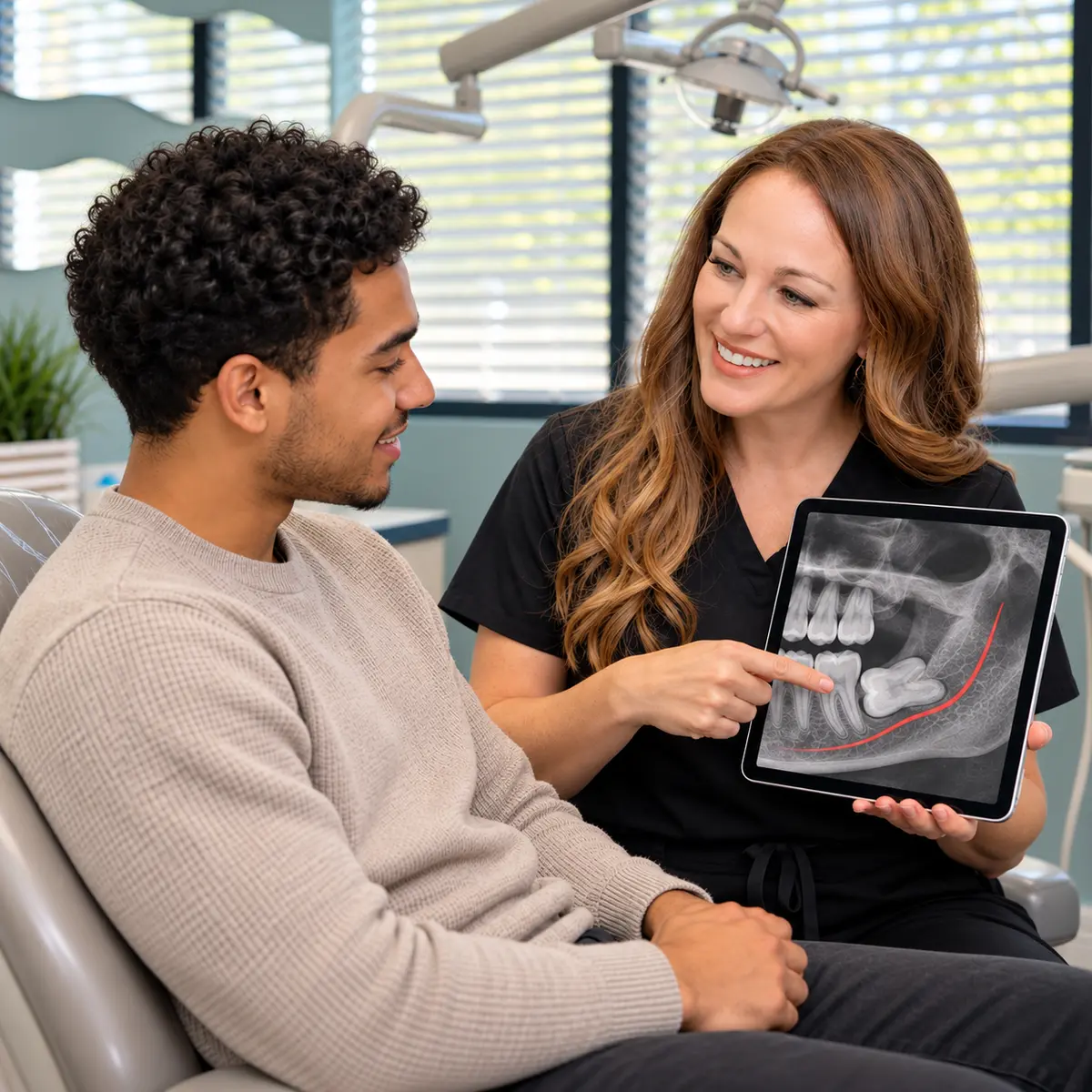 Dentist reviews a sideways impacted wisdom tooth and its nearby inferior alveolar nerve with a patient.