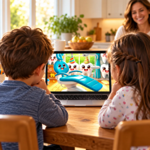Children watch a colorful dental video on a laptop with a parent nearby.