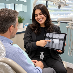 Hygienist reviews an X-ray showing decay beneath an old crown margin with a patient at All Smiles Dentistry in Allen.