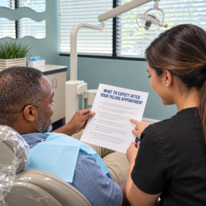 Patient and dental assistant read what to expect after your filling appointment instructions together.