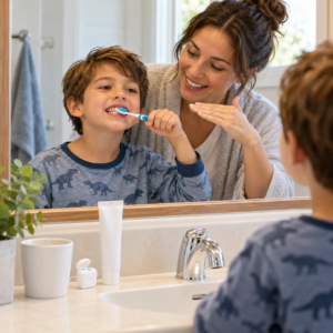 Parent guides a child brushing teeth in a bathroom mirror to support healthy daily dental habits