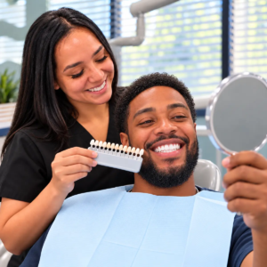 Dental assistant cures a protective gum barrier before professional teeth whitening at All Smiles Dentistry in Allen.