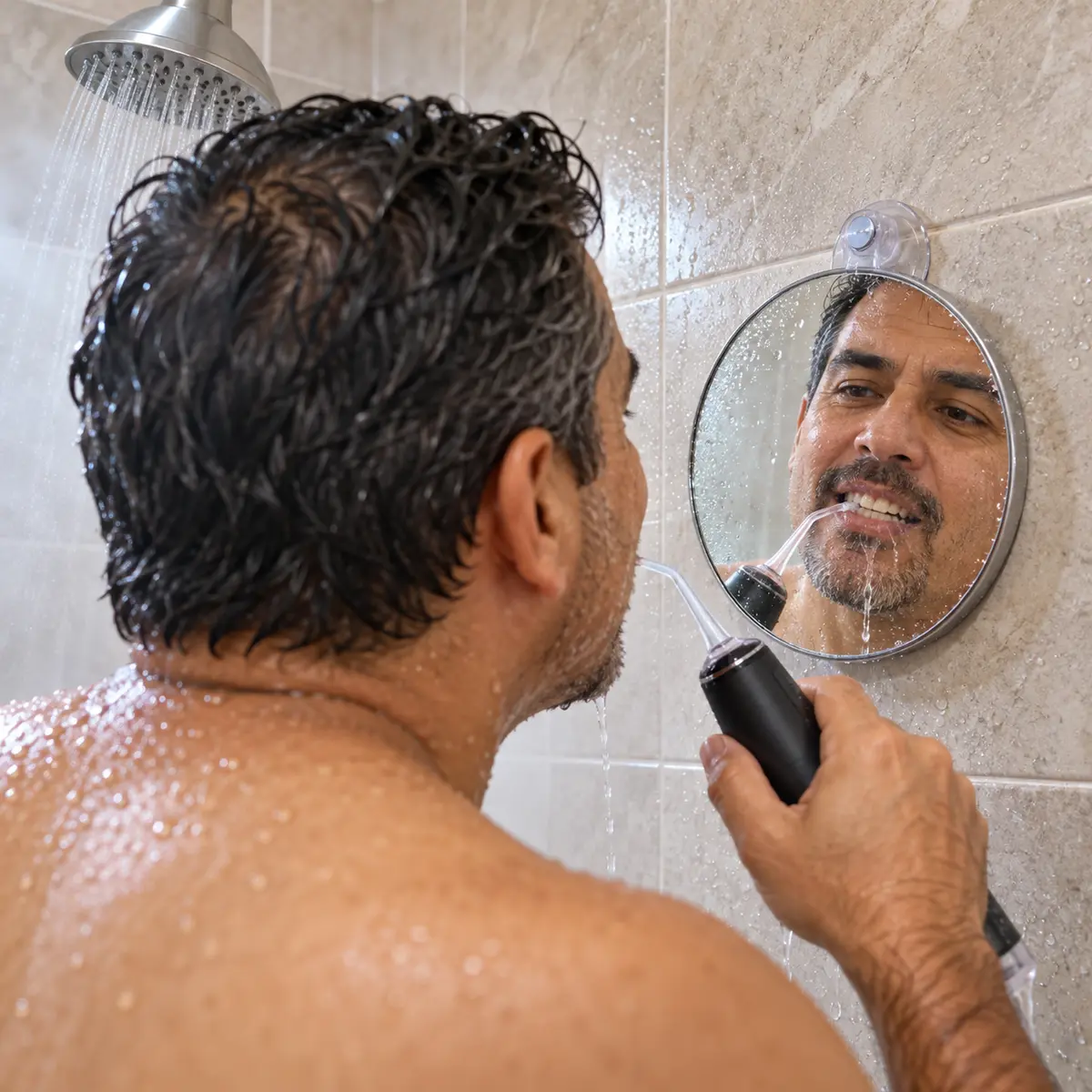 Man uses a cordless water flosser in the shower while looking into a small tile-mounted mirror.